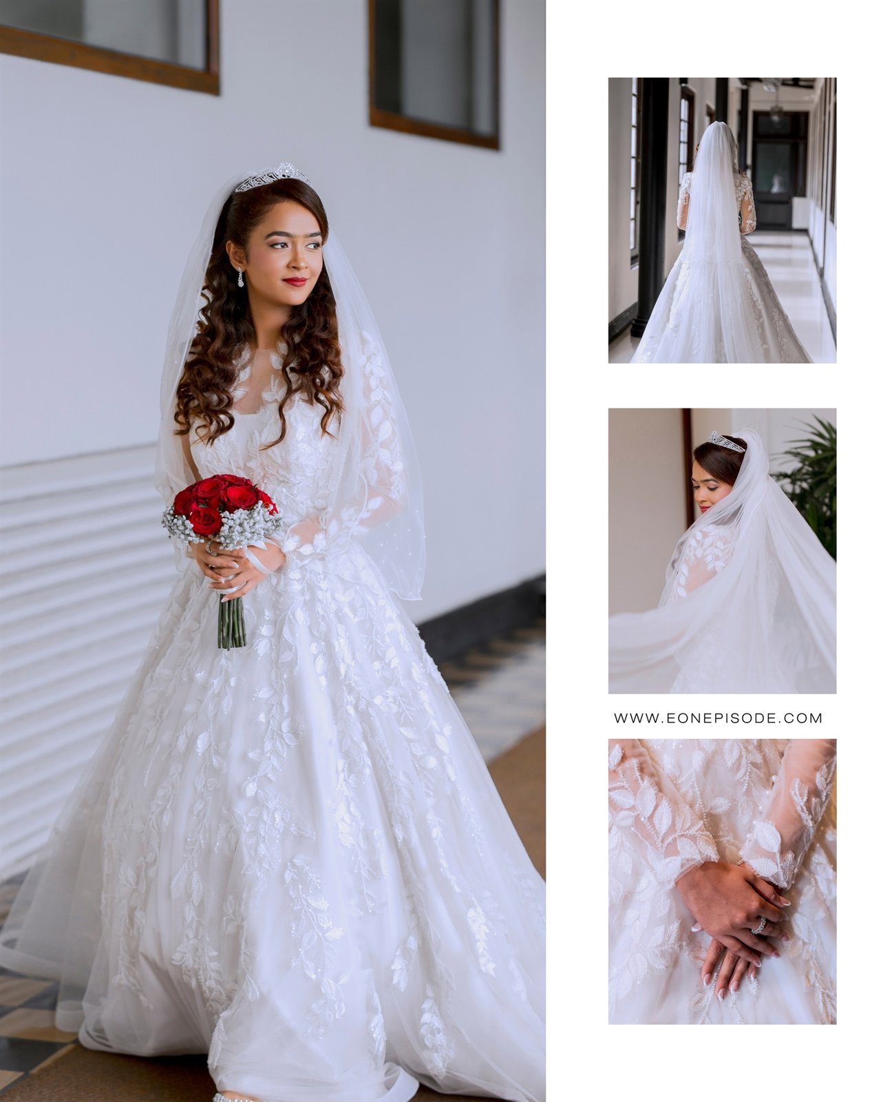 Aysha in her wedding dress, holding a bouquet
